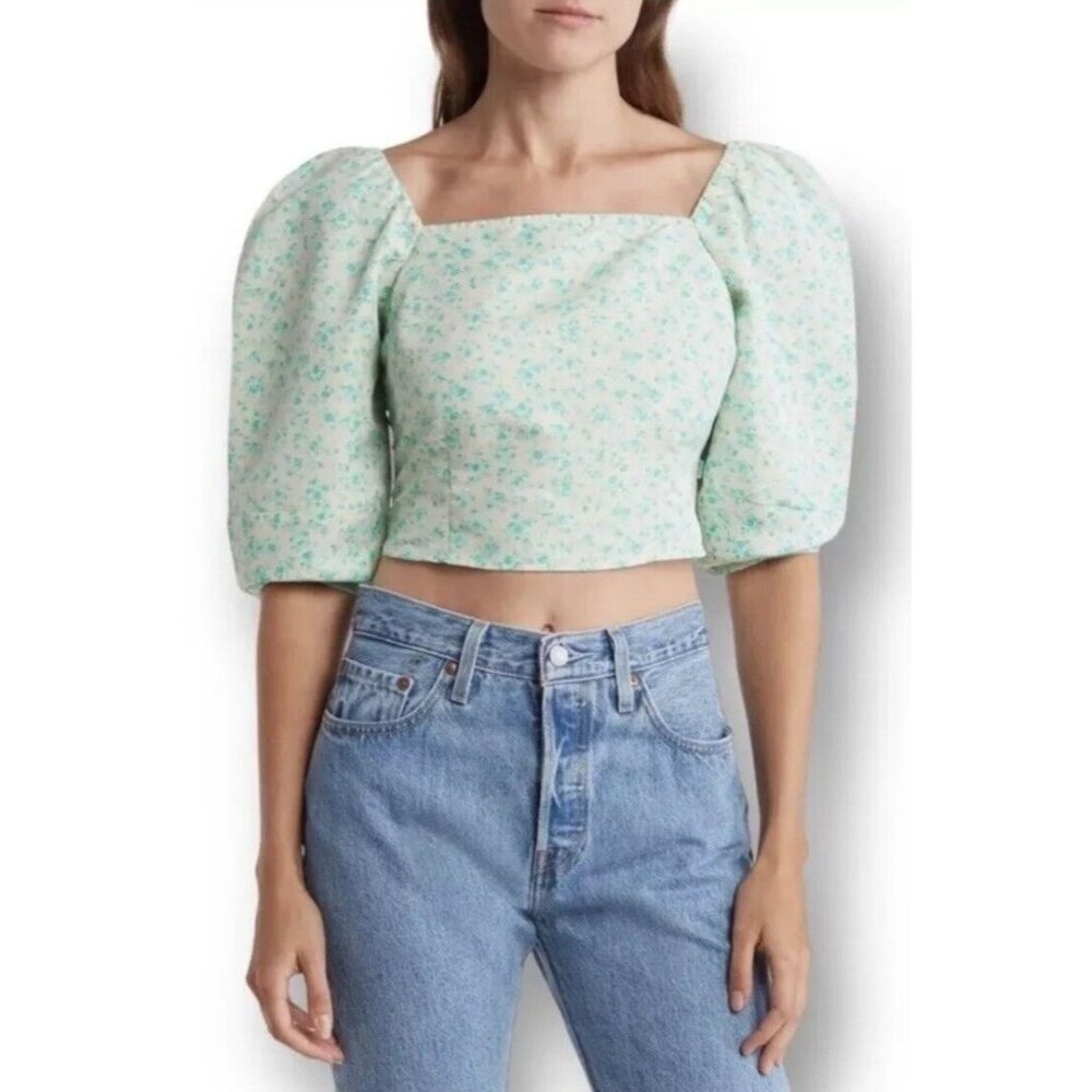 Levi’s Blouse Size M Women’s Green Floral Yvi Puff Sleeve Cropped Statement NWT